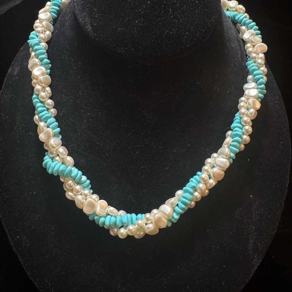 3 Strand Twisted Faux Pearl and Faux Turquoise Necklaces